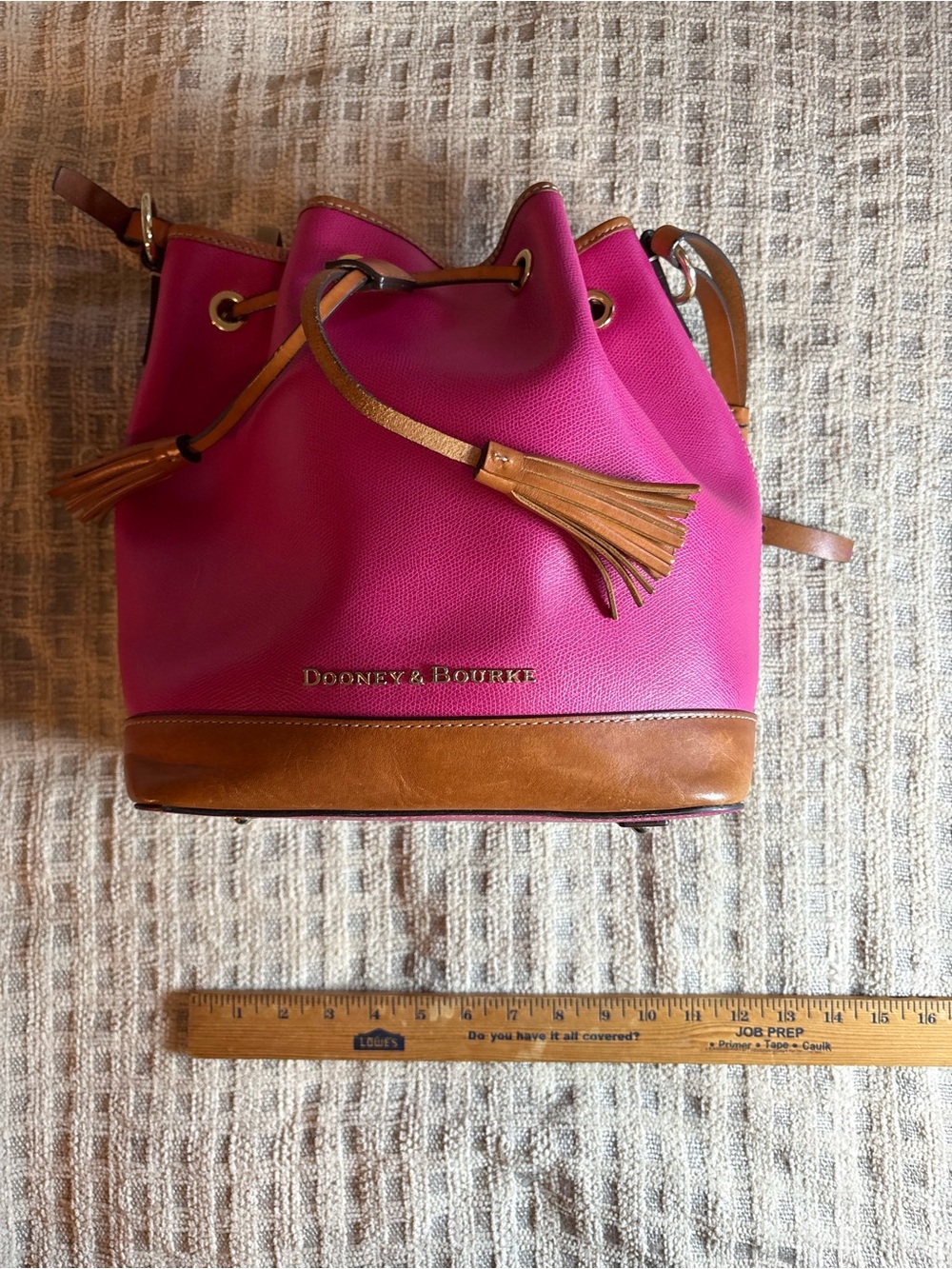 Dooney & Bourke Hot Pink Leather Drawstring Bucket Bag with Tan Trim
